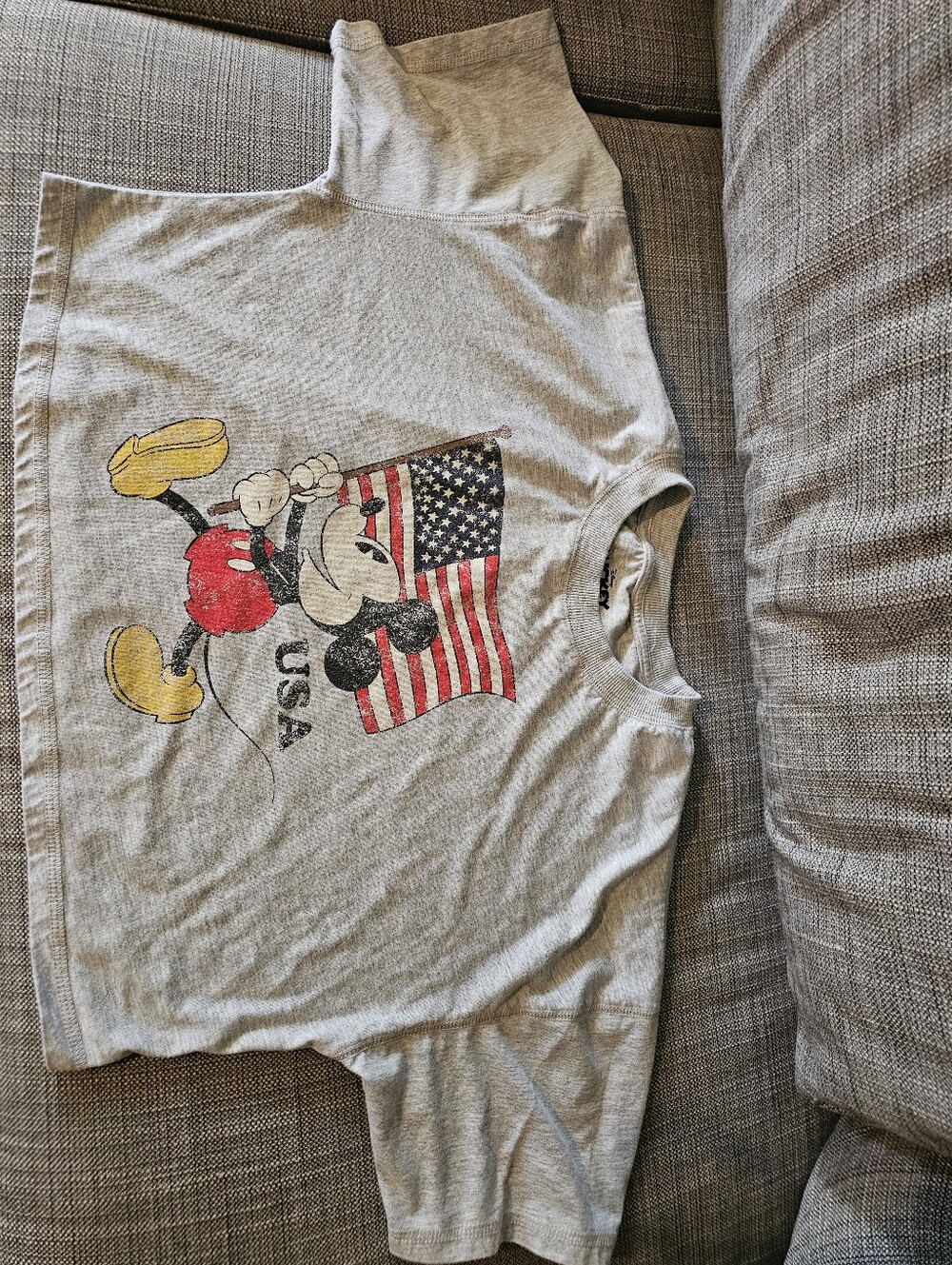 Vintage Style Womens Mickey Mouse USA Oversized Crop Tee - Gray